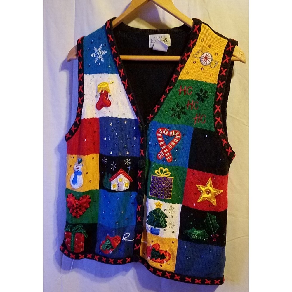 Vintage Basic Editions Sweater Vest Womens X Large Patchwork Holiday Novelty 90s